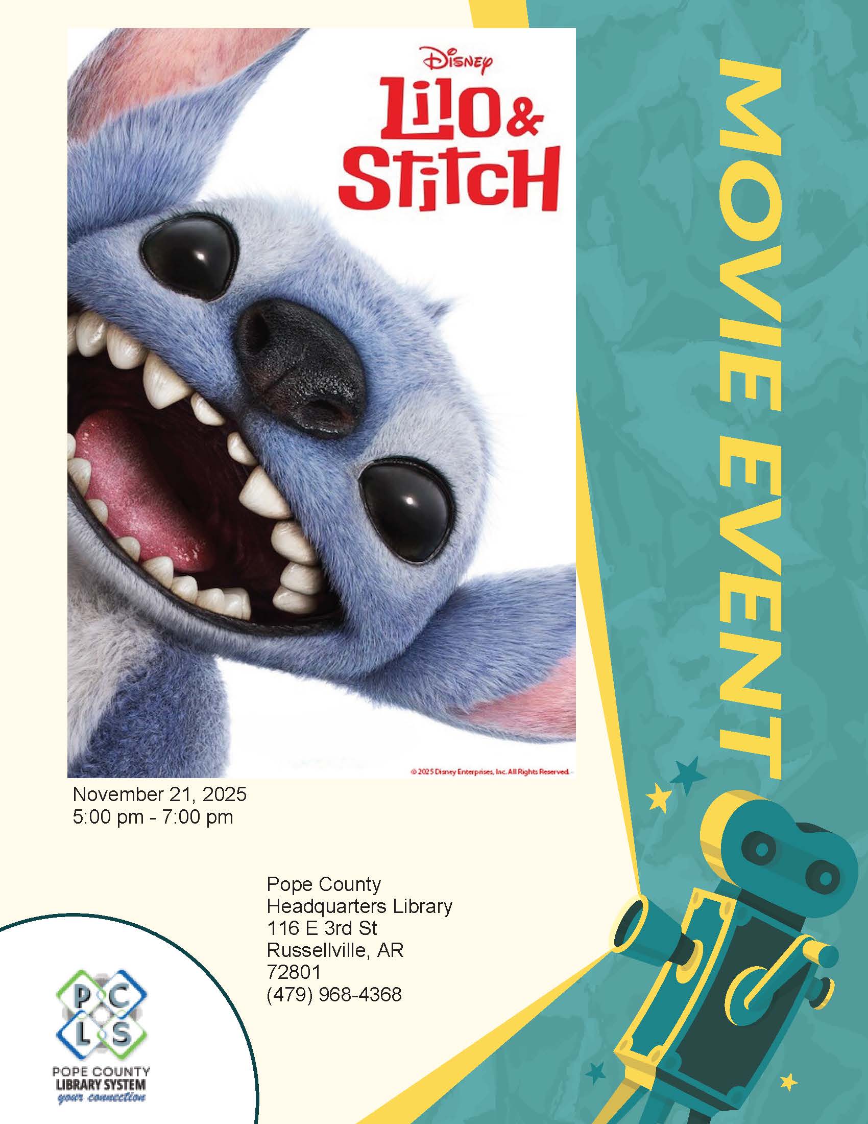 Poster reading Lilo & Stitch featuring a fuzzy blue alien smiling on a white background