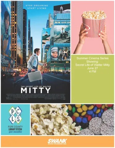 Movie poster for the Secret Life of Walter Mitty showing Ben Stiller in a city plus a tub of popconr and mixed snacks
