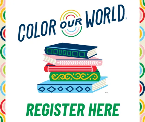 Image of books with Color Our World theme and Register Here