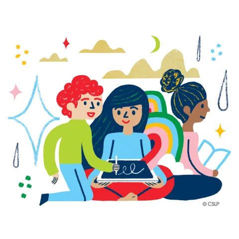 Colorful image of 3 children reading books
