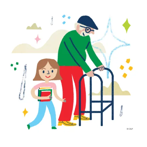 child with book and older person with walker