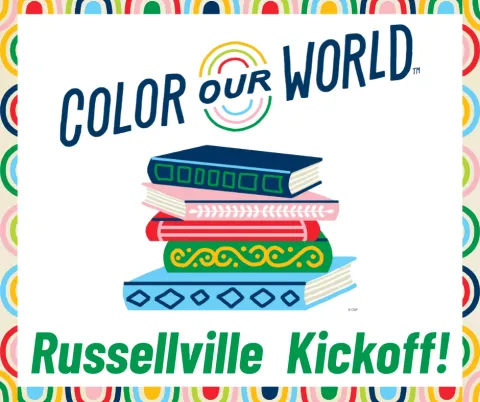 Color our World Logo, books, and Russellville Kickoff