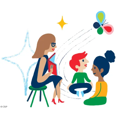 Woman reading to children as butterfly soars