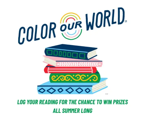 Image of books with Color Our World logo and reading log text