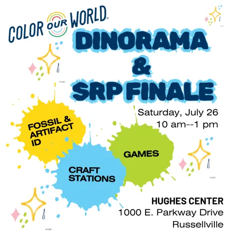 Color our world logo with headline text for Dinorama & SRP Finale with color splotches highlighting fossil and artifact id, craft stations, and games
