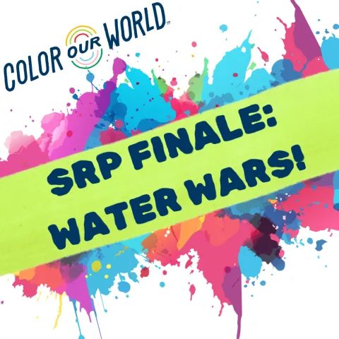 Color Our World logs, paint splotches, and text: SRP Finale: Water Wars