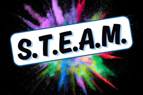 Colorful background with the word STEAM for Science, Technology, Engineering, Art, and Mathematics