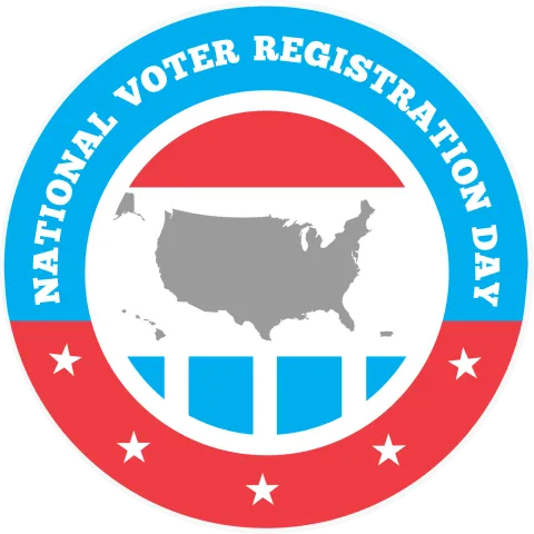 National Voter Registration Day logo in red, white, and blue with shape of United States in gray