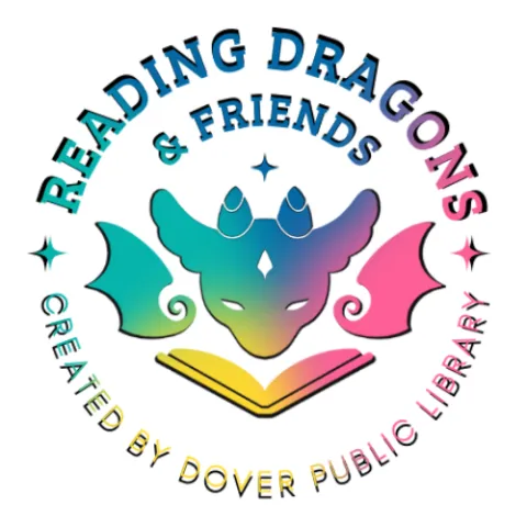 Rainbow colored logo for Reading Dragons and Friends with dragon head and book plus created by Dover Public Library