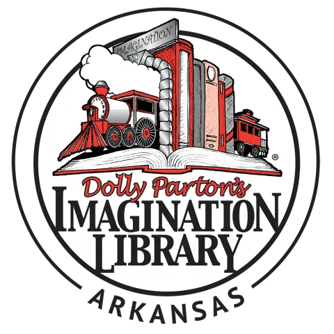 Image of a train and books over text saying "Dolly Parton's Imagination Library" Arkansas
