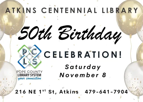 golden balloons  on invitation to Atkins Centennial Library's 50th Birthday Celebration