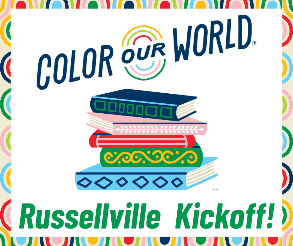 Color our World Logo, books, and Russellville Kickoff