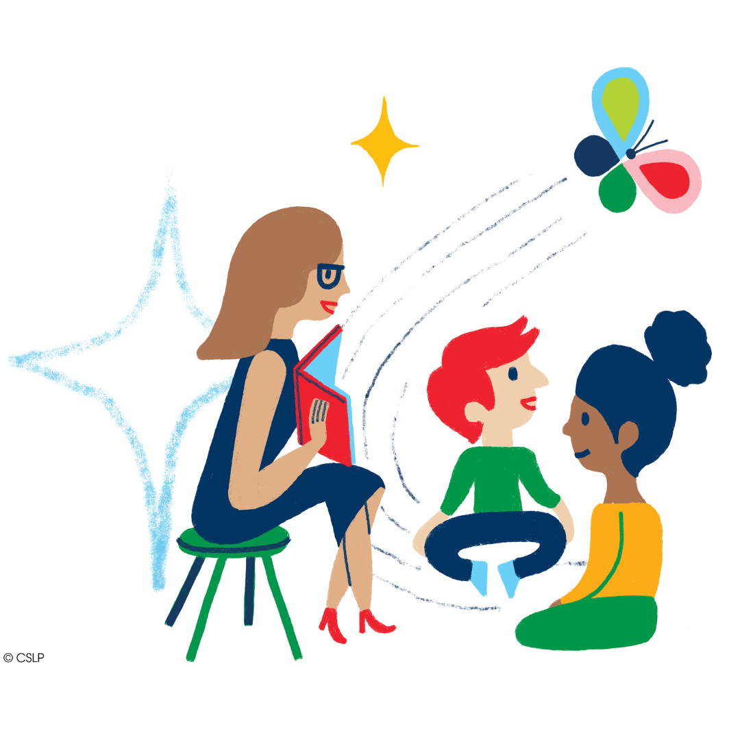 Woman reading to children as butterfly soars