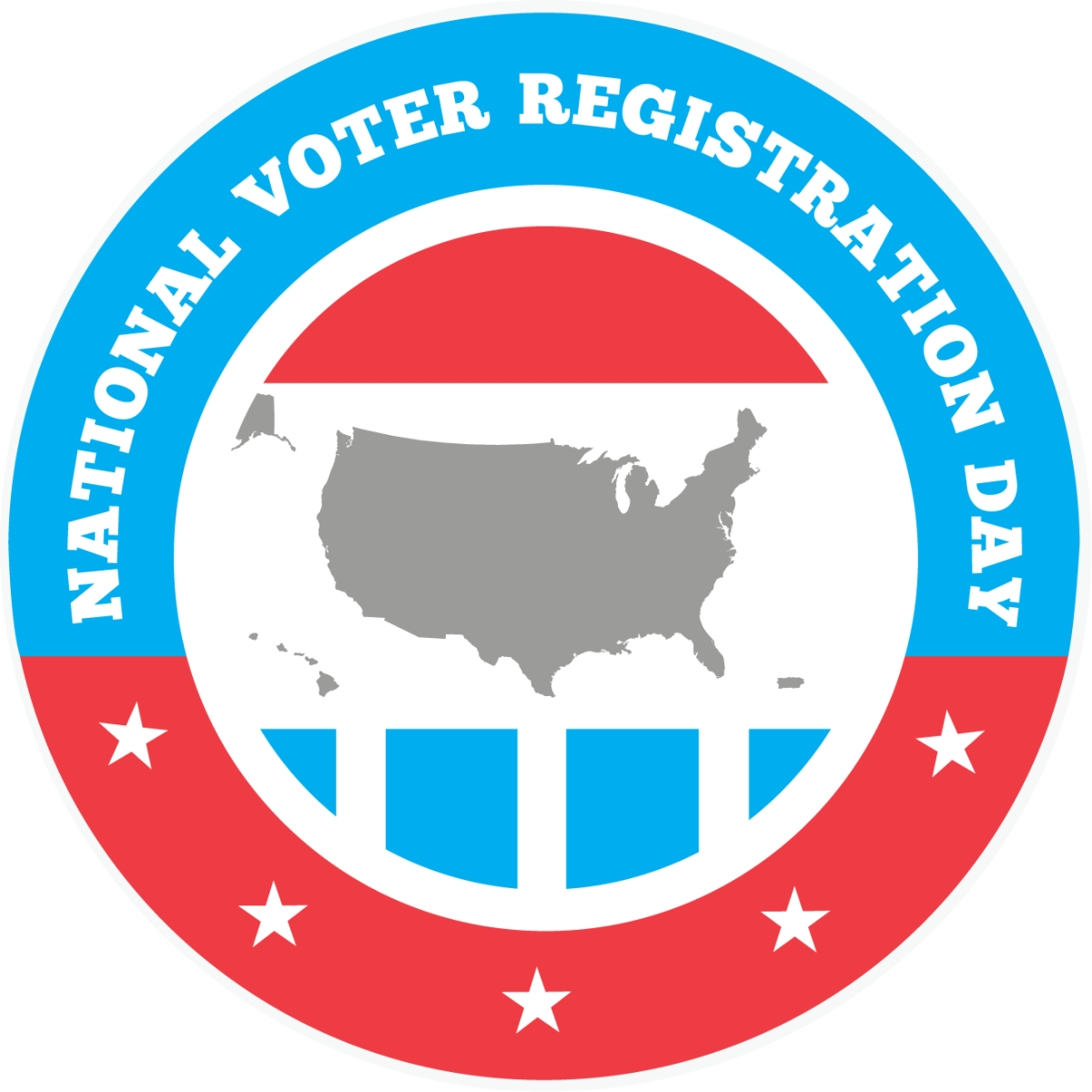 National Voter Registration Day logo in red, white, and blue with shape of United States in gray