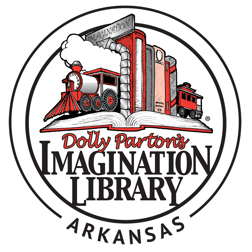 Image of a train and books over text saying "Dolly Parton's Imagination Library" Arkansas