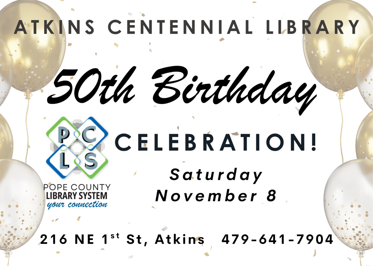 golden balloons  on invitation to Atkins Centennial Library's 50th Birthday Celebration